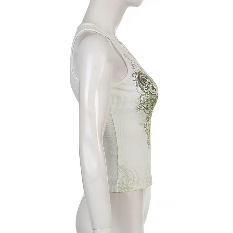 DressBetty - Slim Knitted Vest White Sleeveless O Neck Butterfly Vintage Print Tank Crop Tops