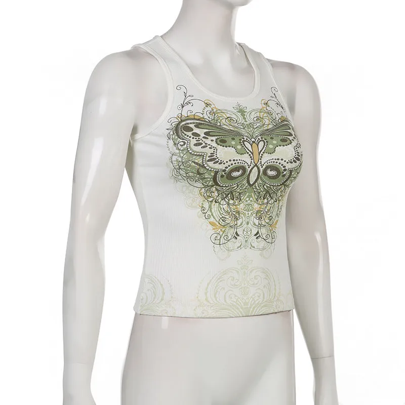 DressBetty - Slim Knitted Vest White Sleeveless O Neck Butterfly Vintage Print Tank Crop Tops