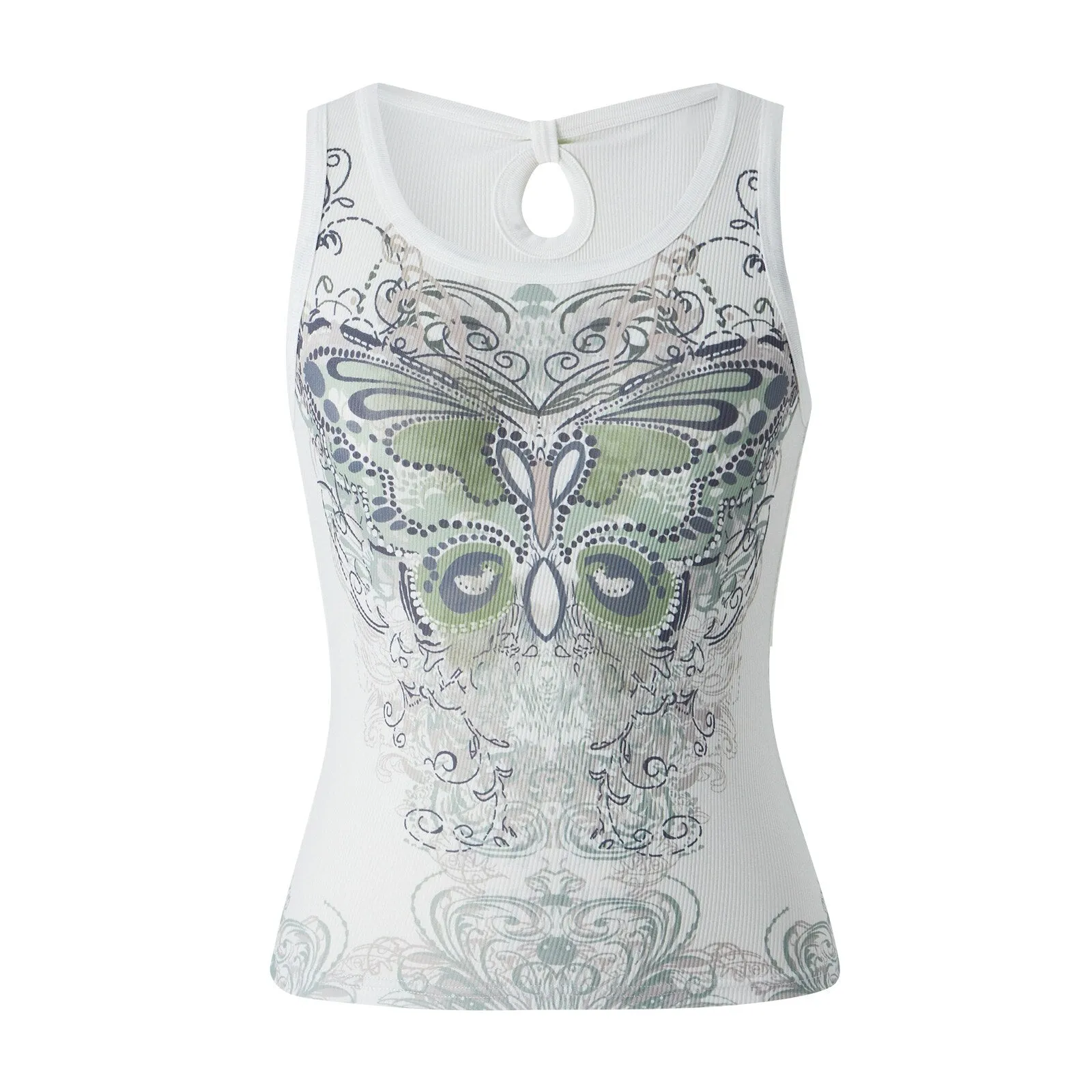 DressBetty - Slim Knitted Vest White Sleeveless O Neck Butterfly Vintage Print Tank Crop Tops