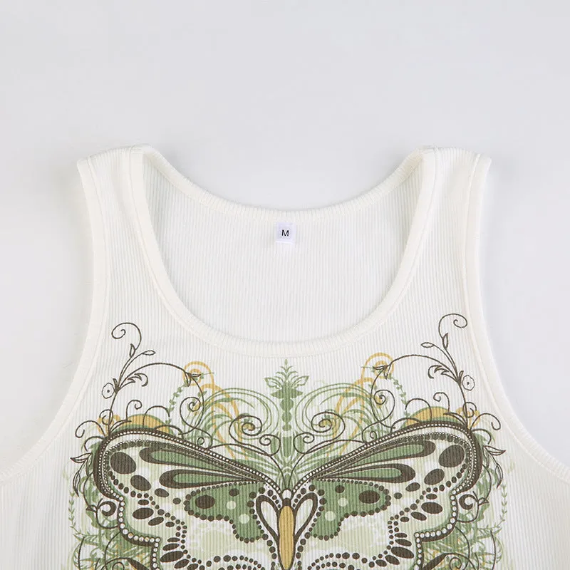 DressBetty - Slim Knitted Vest White Sleeveless O Neck Butterfly Vintage Print Tank Crop Tops