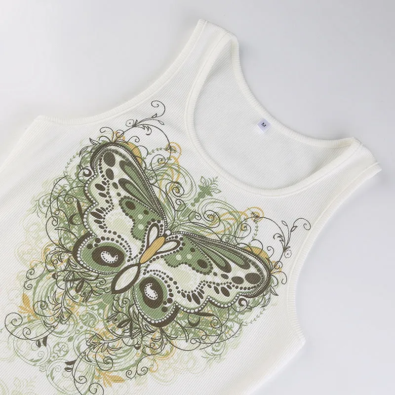 DressBetty - Slim Knitted Vest White Sleeveless O Neck Butterfly Vintage Print Tank Crop Tops
