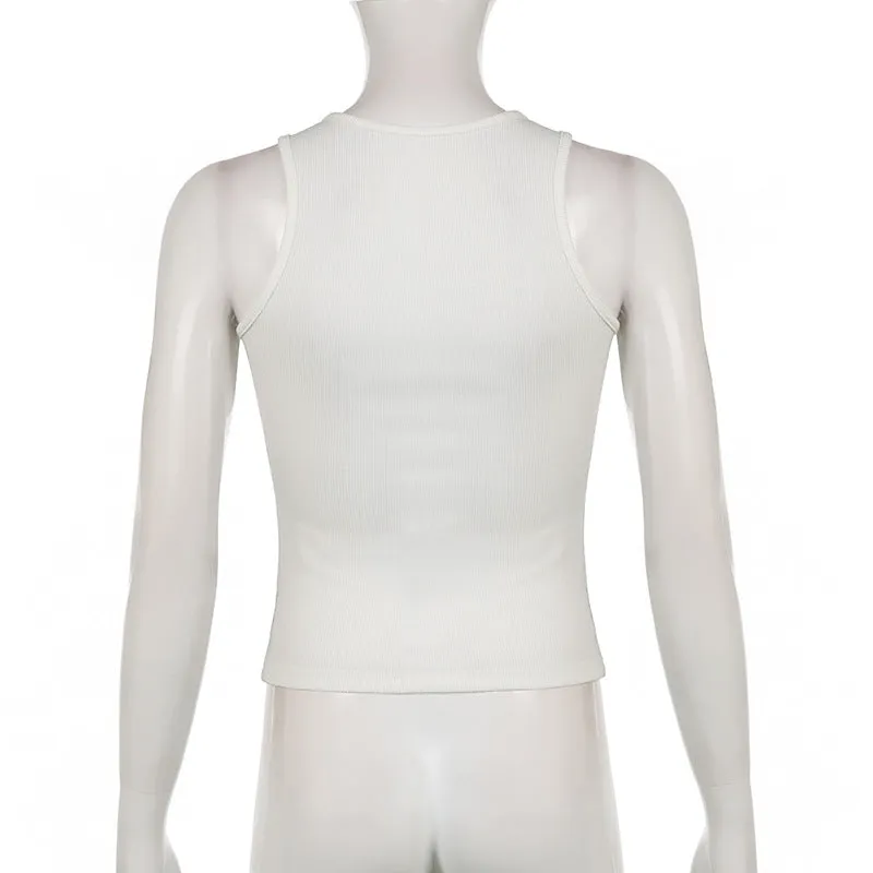 DressBetty - Slim Knitted Vest White Sleeveless O Neck Butterfly Vintage Print Tank Crop Tops