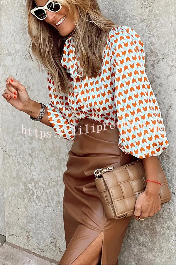 Dunnmall Ivanna Geometric Print Tie Puff Sleeve Blouse
