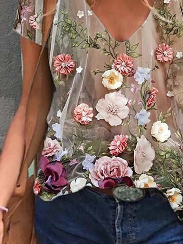 Dunnmall Printed Short Sleeve Cotton-Blend Casual Shirts & Tops