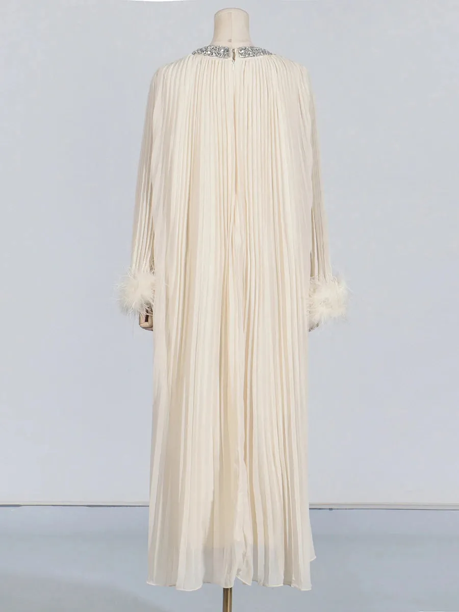 Elegant Diamond-Embellished Pleated Feather Loose Formal Dress