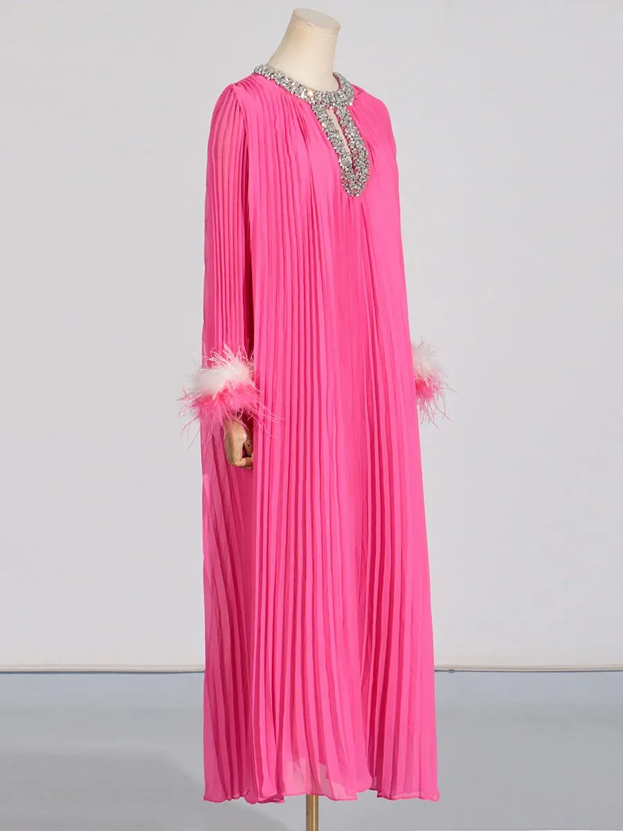 Elegant Diamond-Embellished Pleated Feather Loose Formal Dress