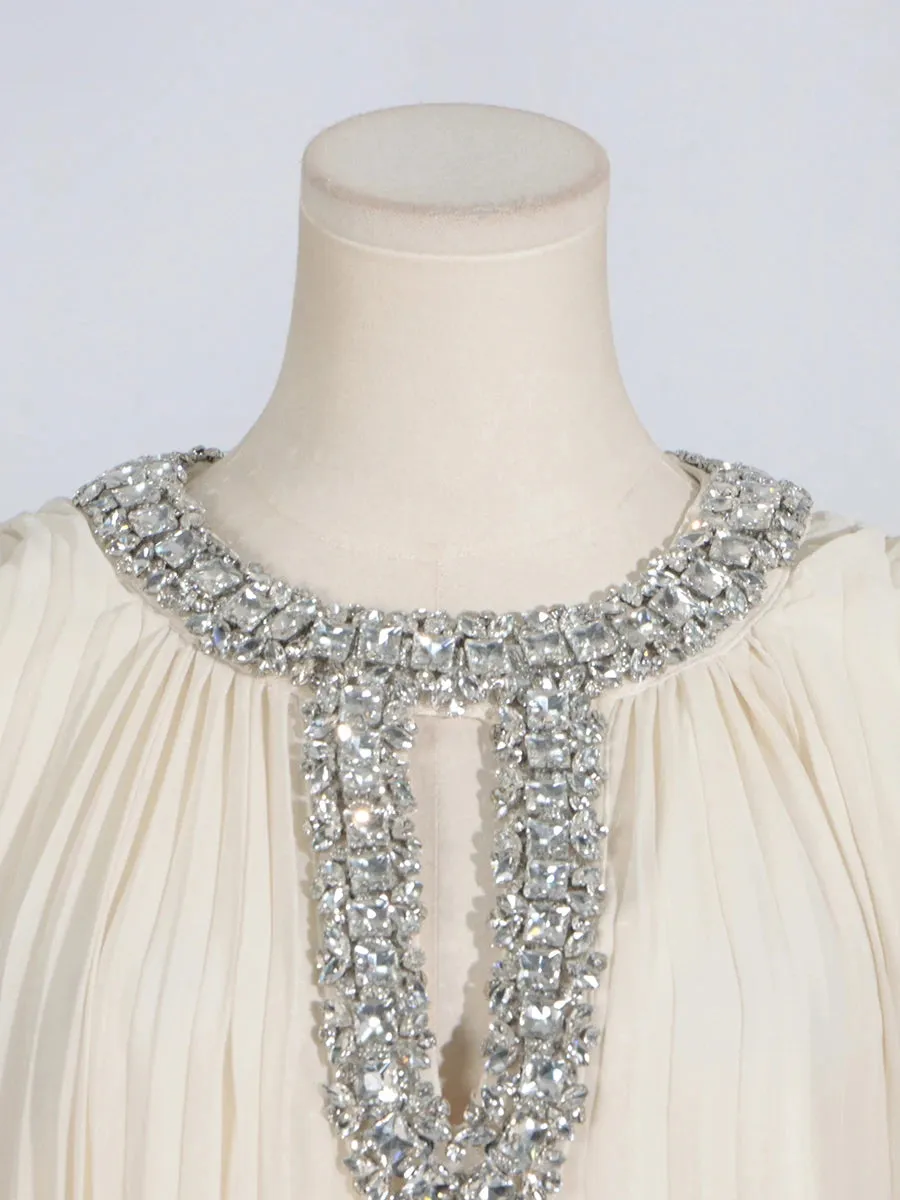 Elegant Diamond-Embellished Pleated Feather Loose Formal Dress