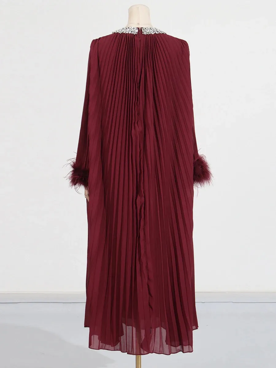 Elegant Diamond-Embellished Pleated Feather Loose Formal Dress