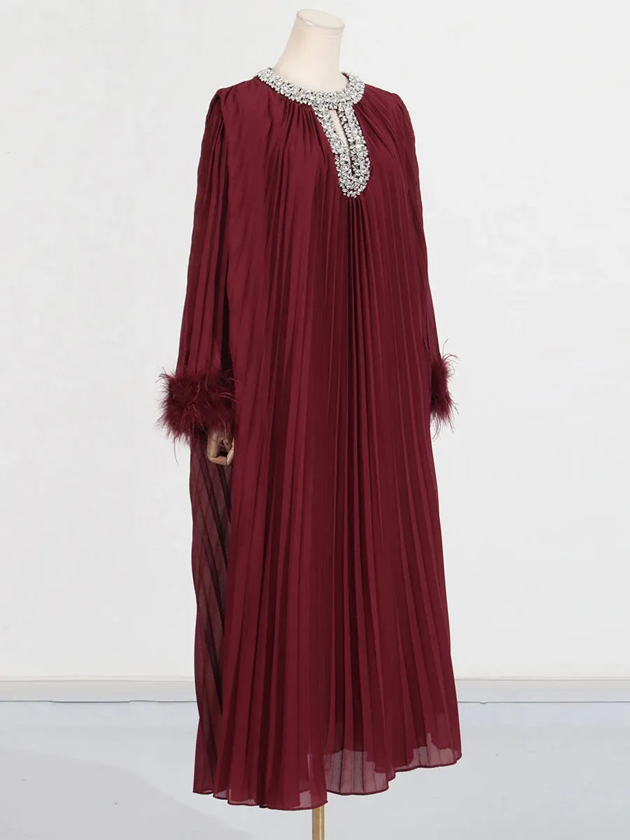 Elegant Diamond-Embellished Pleated Feather Loose Formal Dress