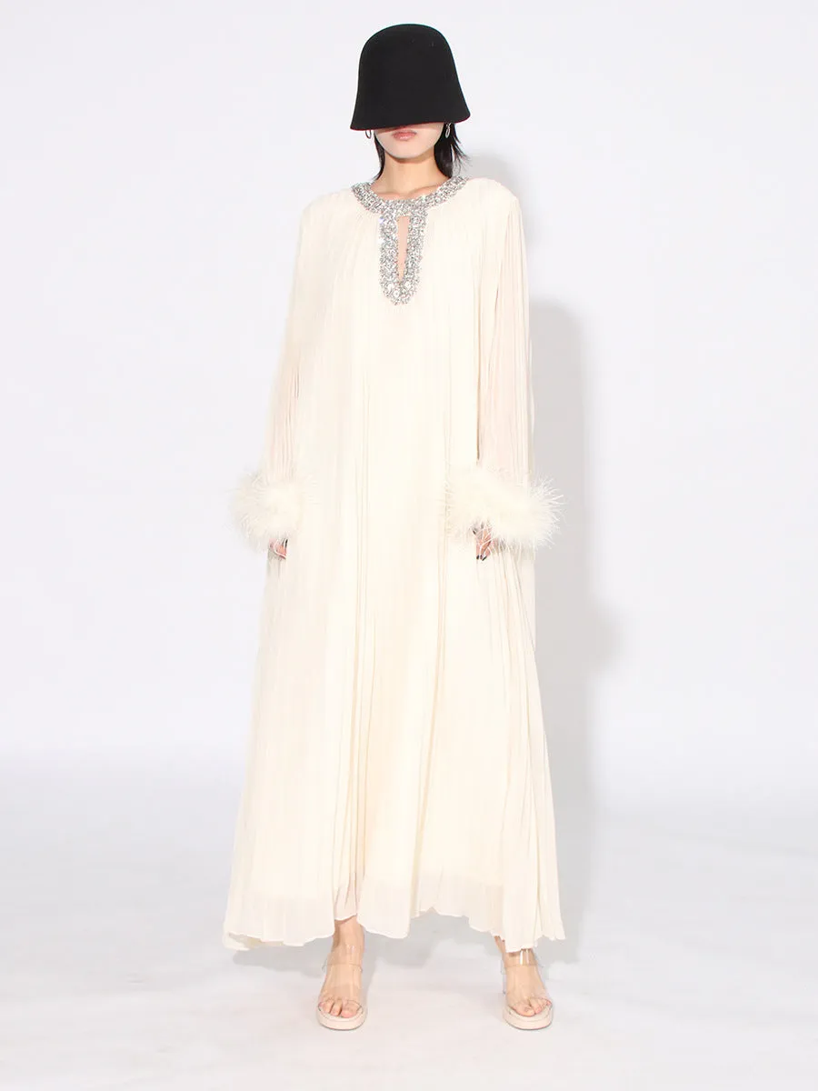 Elegant Diamond-Embellished Pleated Feather Loose Formal Dress
