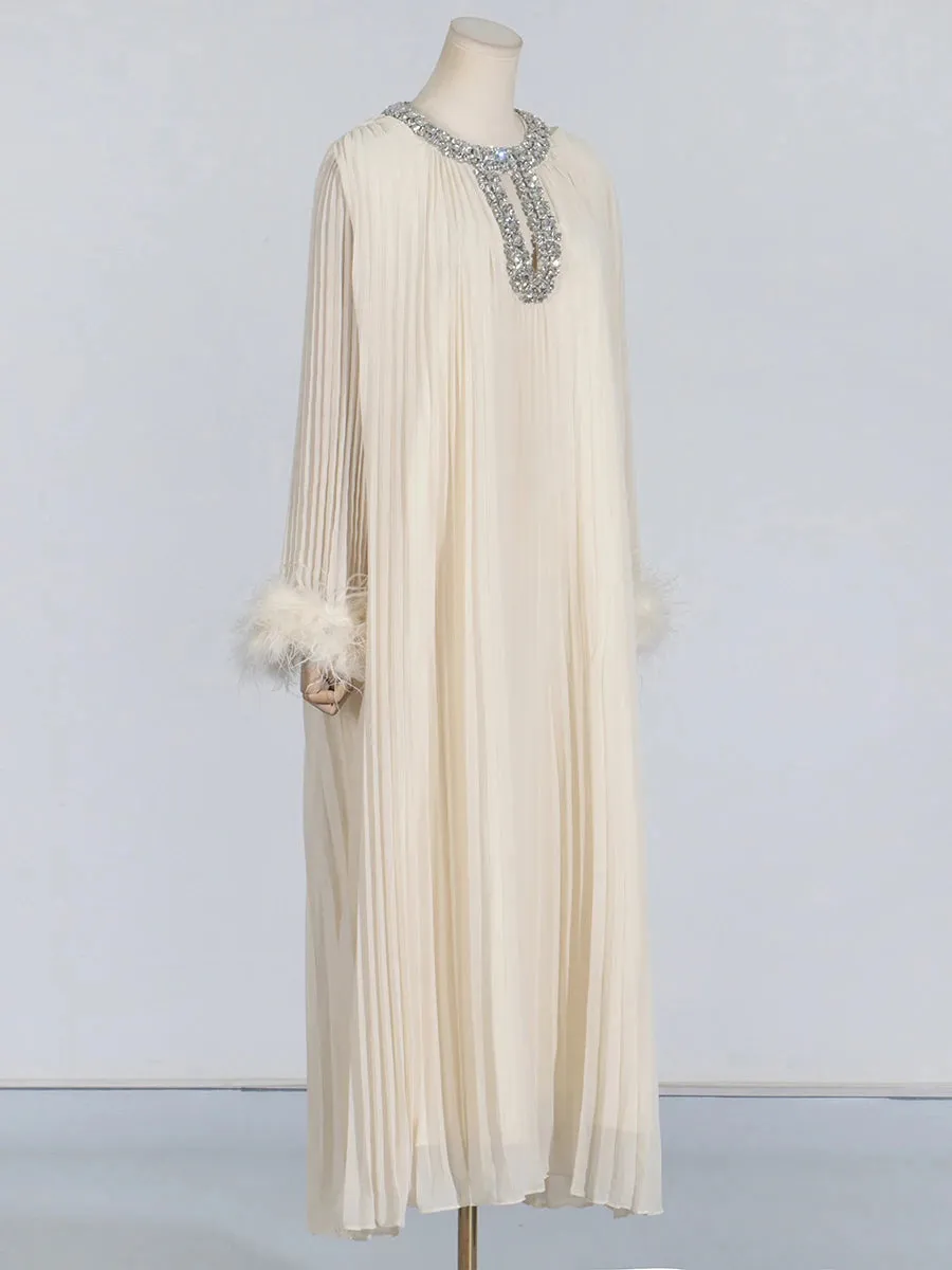 Elegant Diamond-Embellished Pleated Feather Loose Formal Dress