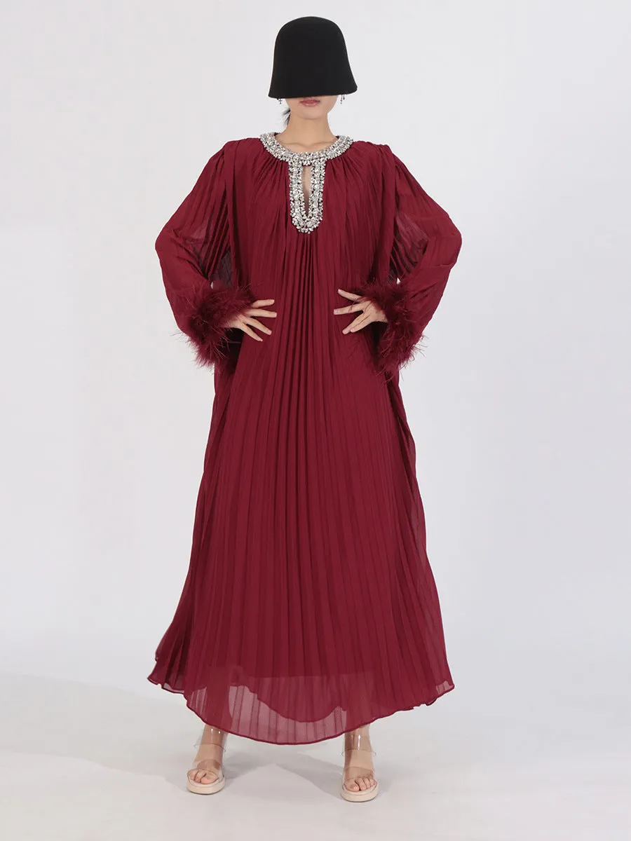 Elegant Diamond-Embellished Pleated Feather Loose Formal Dress