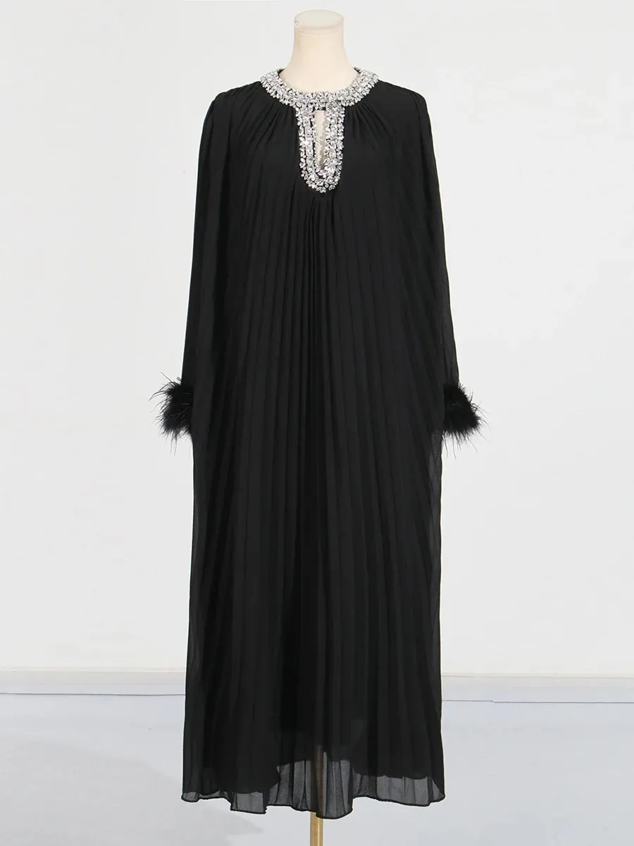 Elegant Diamond-Embellished Pleated Feather Loose Formal Dress