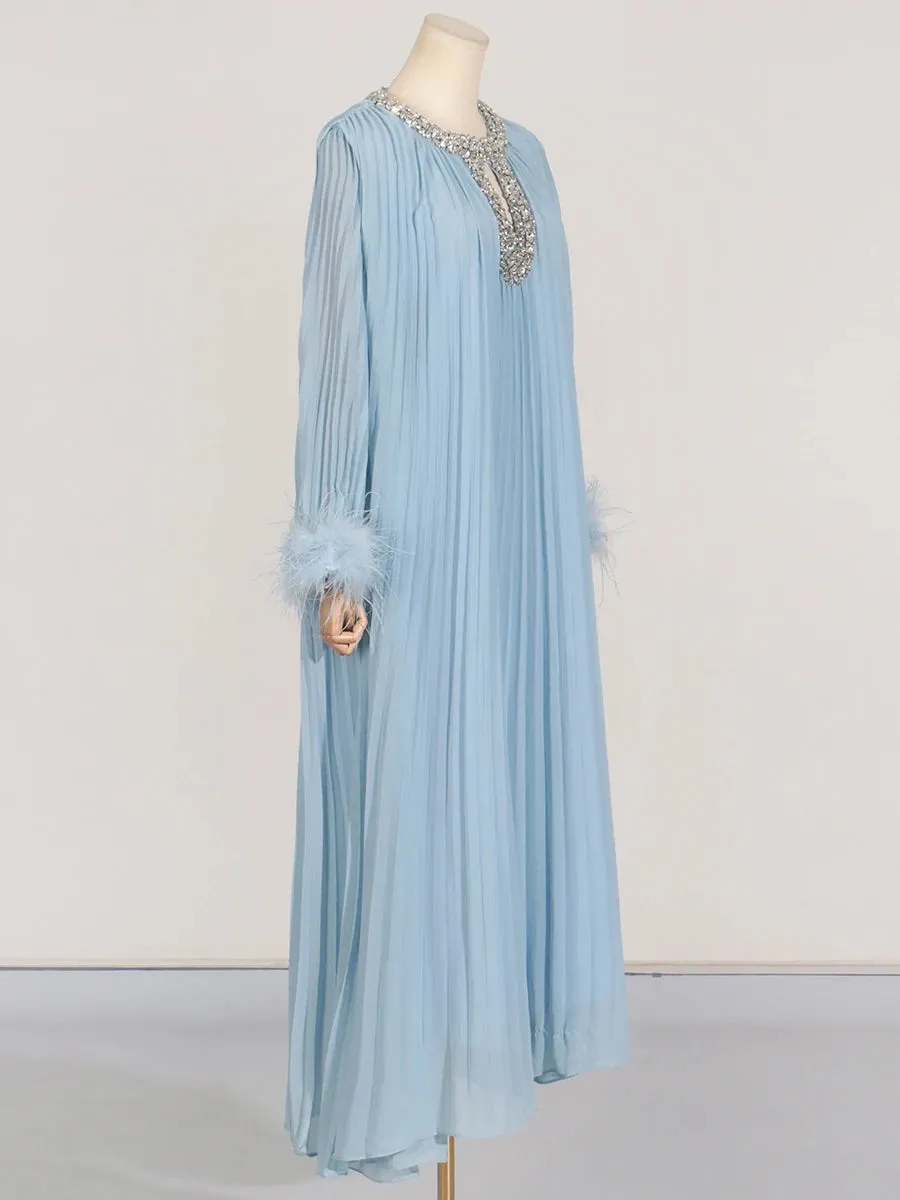 Elegant Diamond-Embellished Pleated Feather Loose Formal Dress