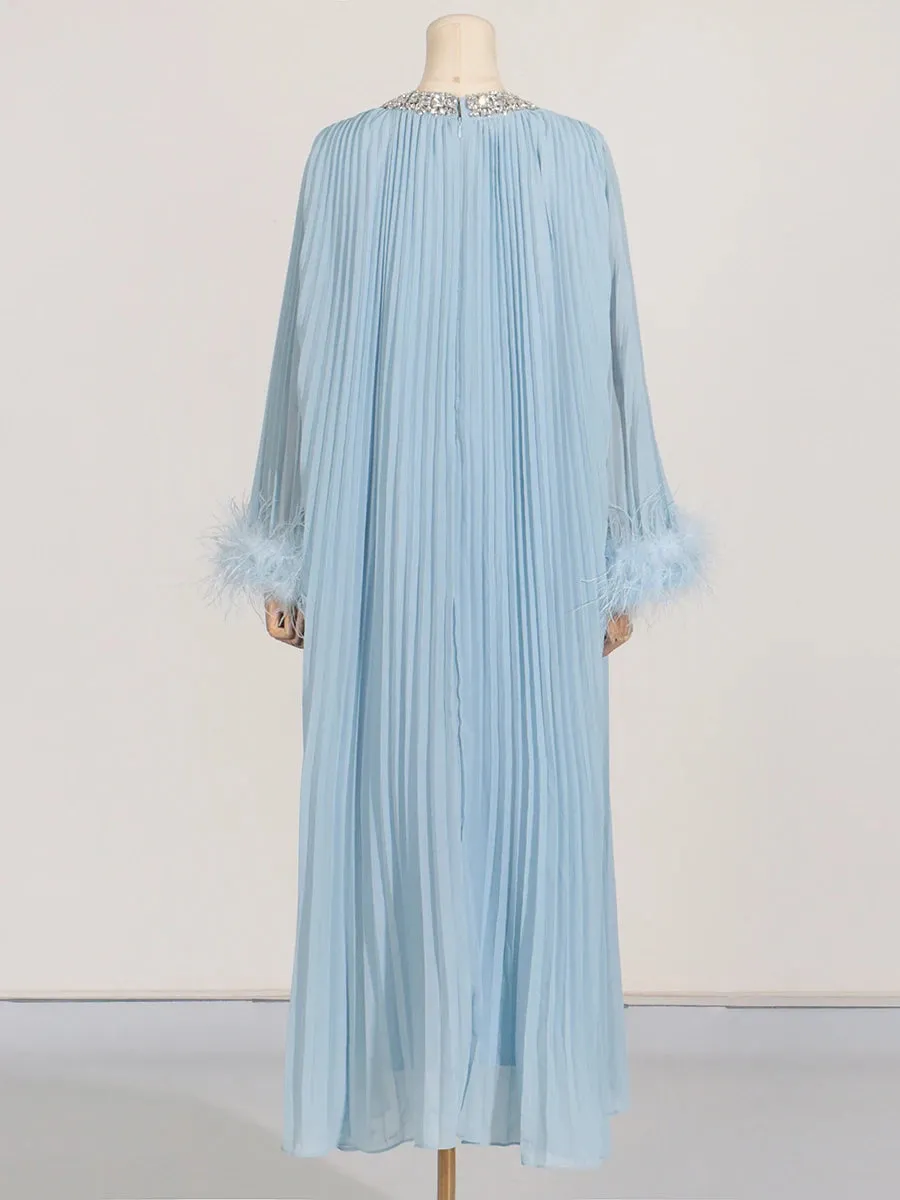 Elegant Diamond-Embellished Pleated Feather Loose Formal Dress