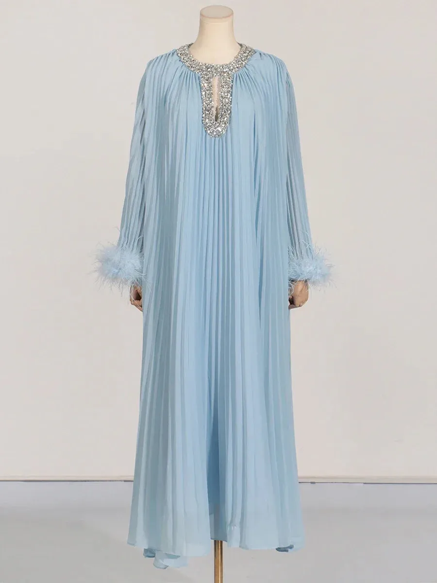 Elegant Diamond-Embellished Pleated Feather Loose Formal Dress