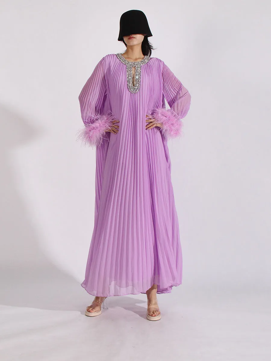 Elegant Diamond-Embellished Pleated Feather Loose Formal Dress