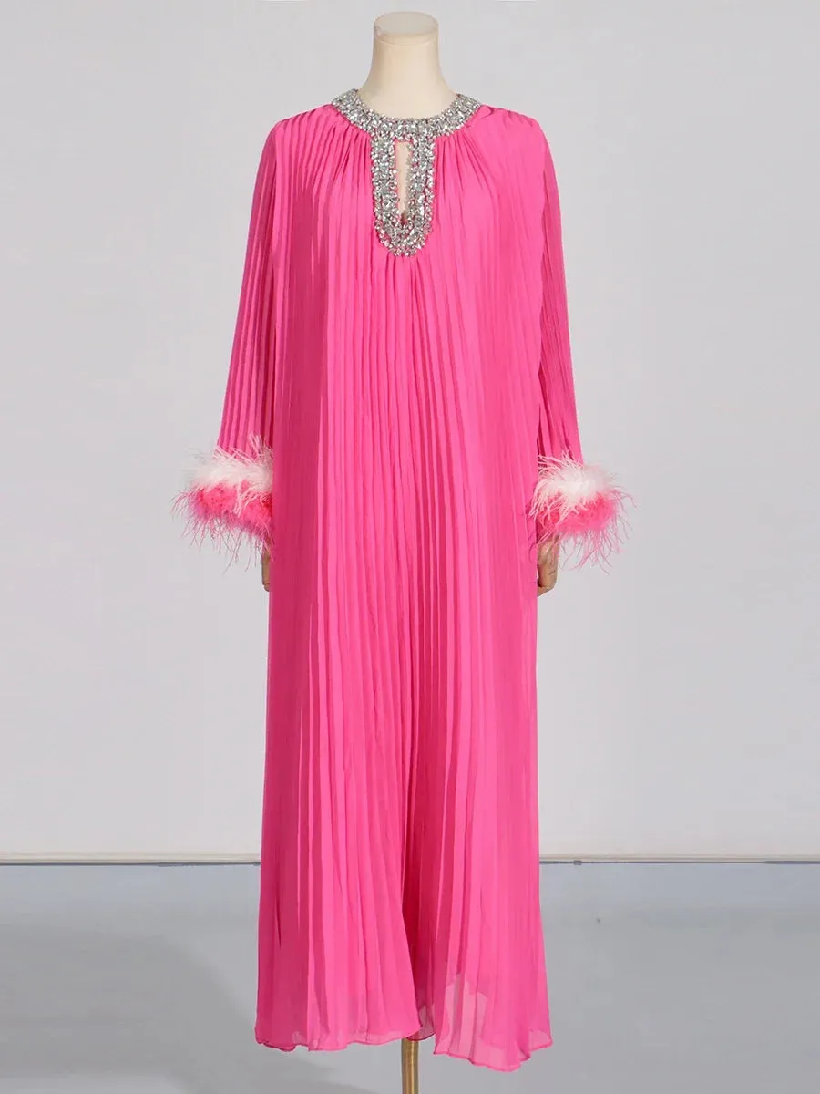 Elegant Diamond-Embellished Pleated Feather Loose Formal Dress