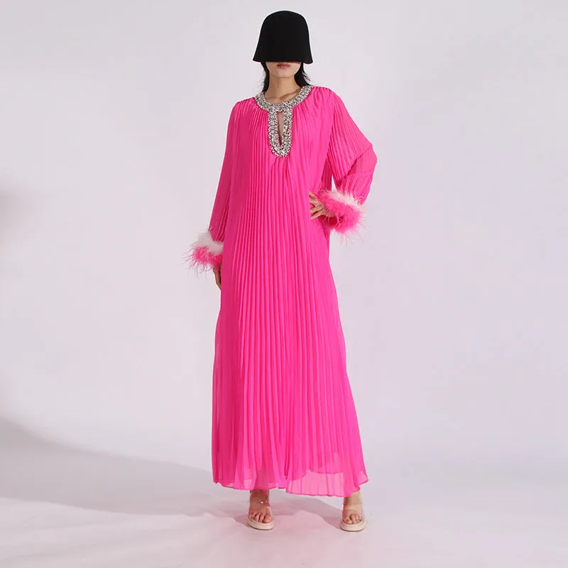 Elegant Diamond-Embellished Pleated Feather Loose Formal Dress