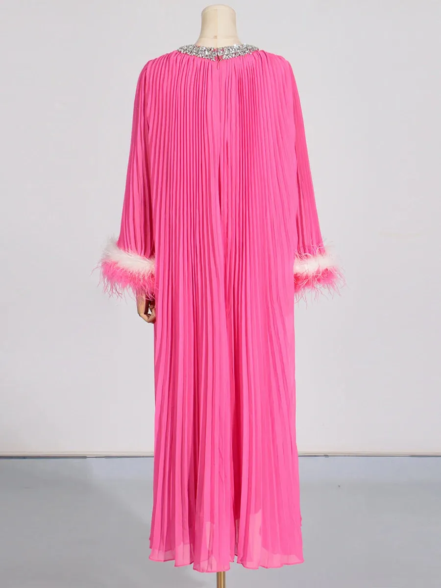 Elegant Diamond-Embellished Pleated Feather Loose Formal Dress