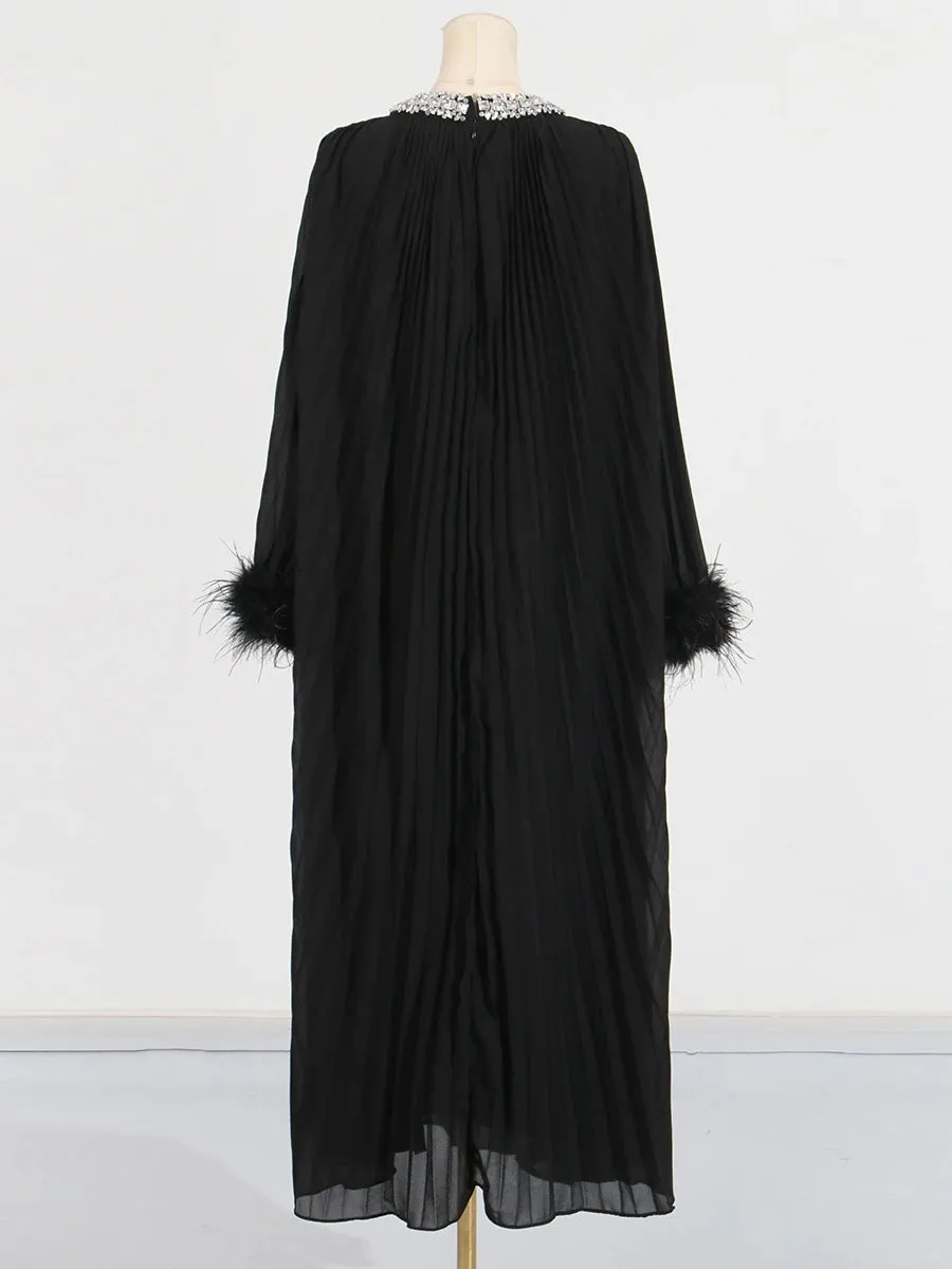 Elegant Diamond-Embellished Pleated Feather Loose Formal Dress
