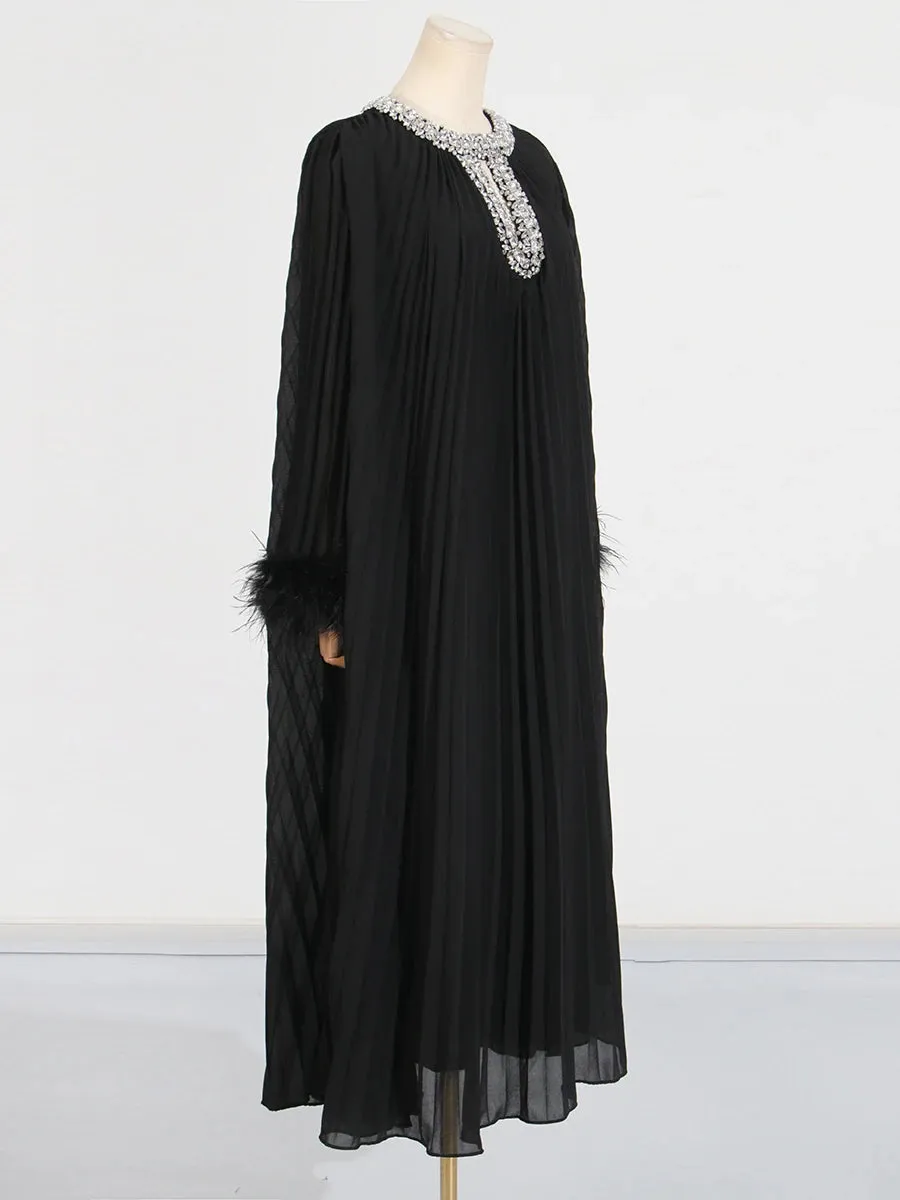 Elegant Diamond-Embellished Pleated Feather Loose Formal Dress