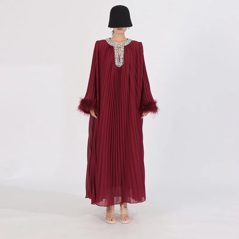 Elegant Diamond-Embellished Pleated Feather Loose Formal Dress