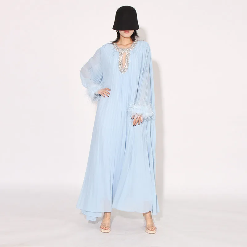 Elegant Diamond-Embellished Pleated Feather Loose Formal Dress