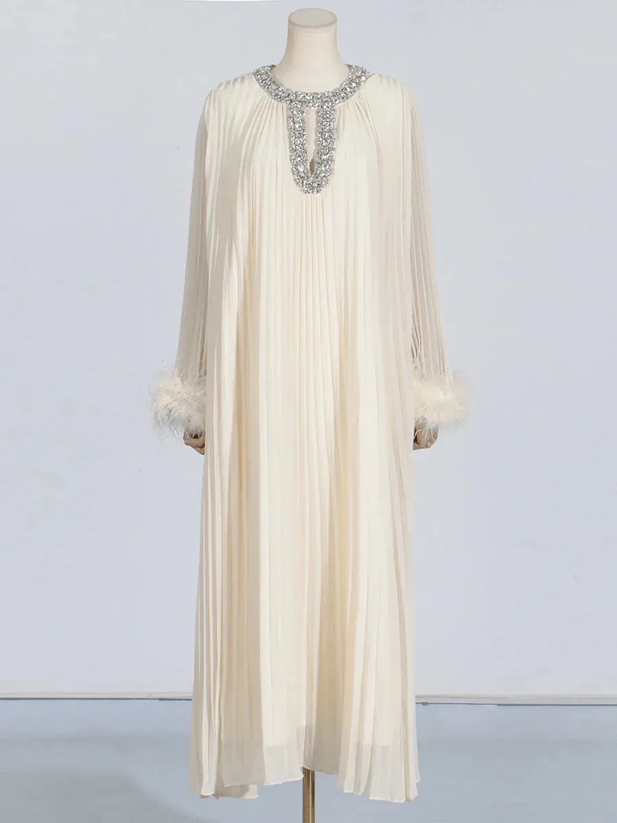 Elegant Diamond-Embellished Pleated Feather Loose Formal Dress