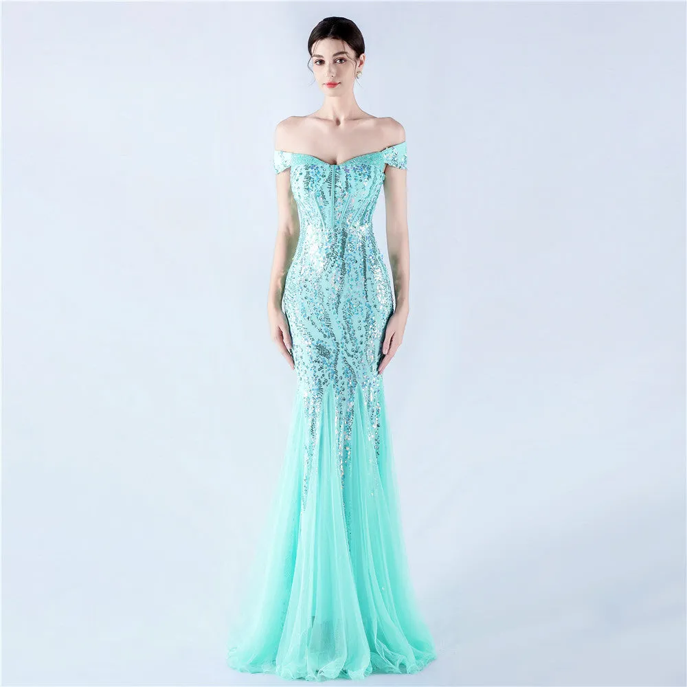 Elegant Off Shoulder Beaded Mesh Sequin Evening Dress