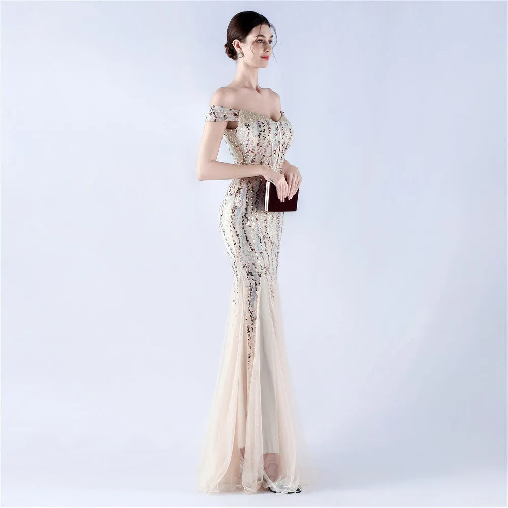 Elegant Off Shoulder Beaded Mesh Sequin Evening Dress