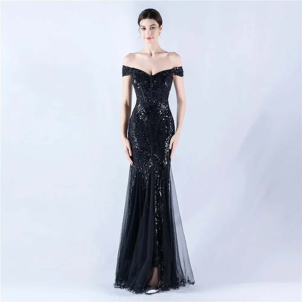 Elegant Off Shoulder Beaded Mesh Sequin Evening Dress