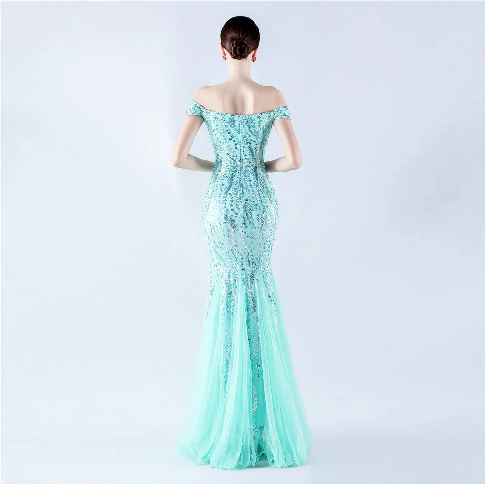 Elegant Off Shoulder Beaded Mesh Sequin Evening Dress