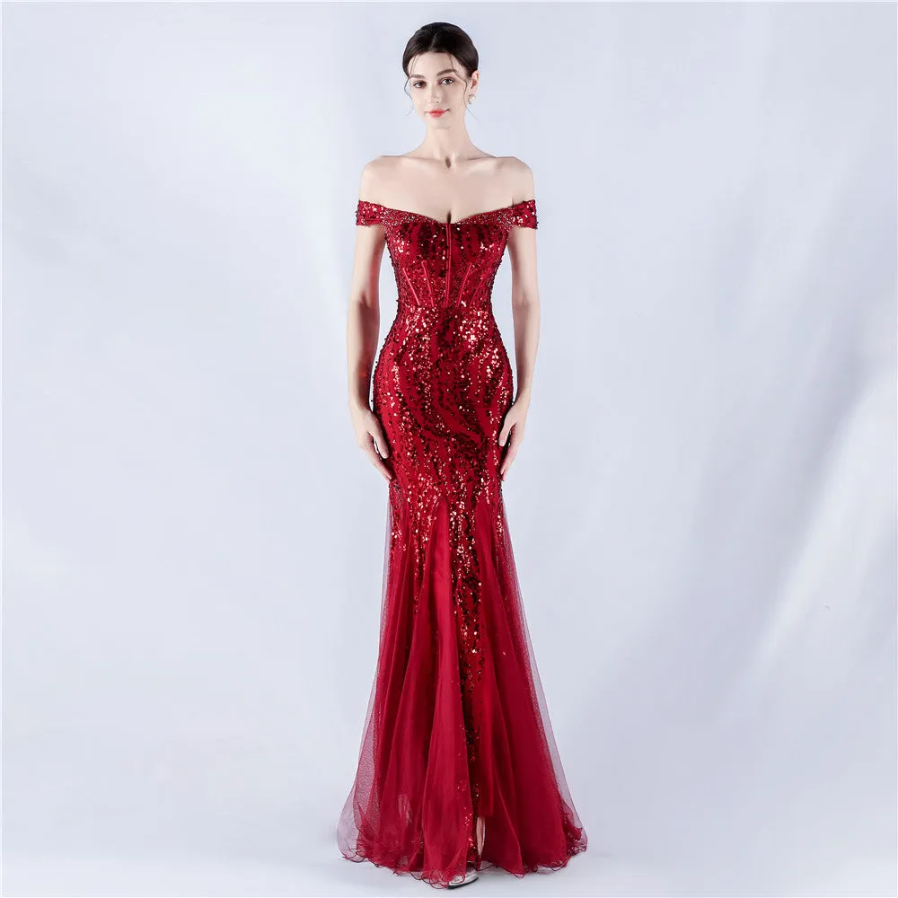 Elegant Off Shoulder Beaded Mesh Sequin Evening Dress