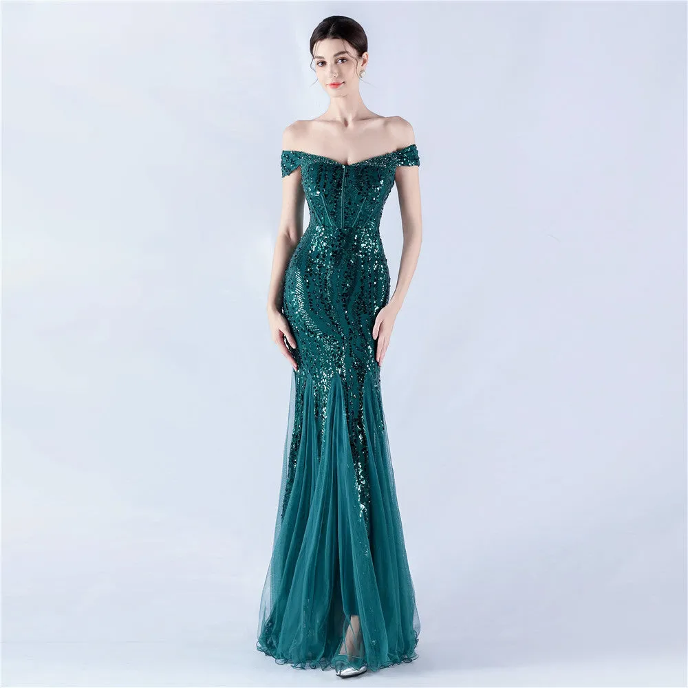 Elegant Off Shoulder Beaded Mesh Sequin Evening Dress