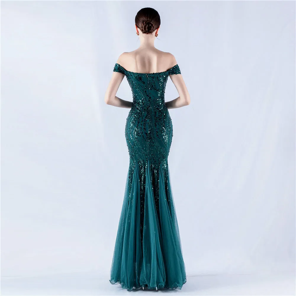 Elegant Off Shoulder Beaded Mesh Sequin Evening Dress