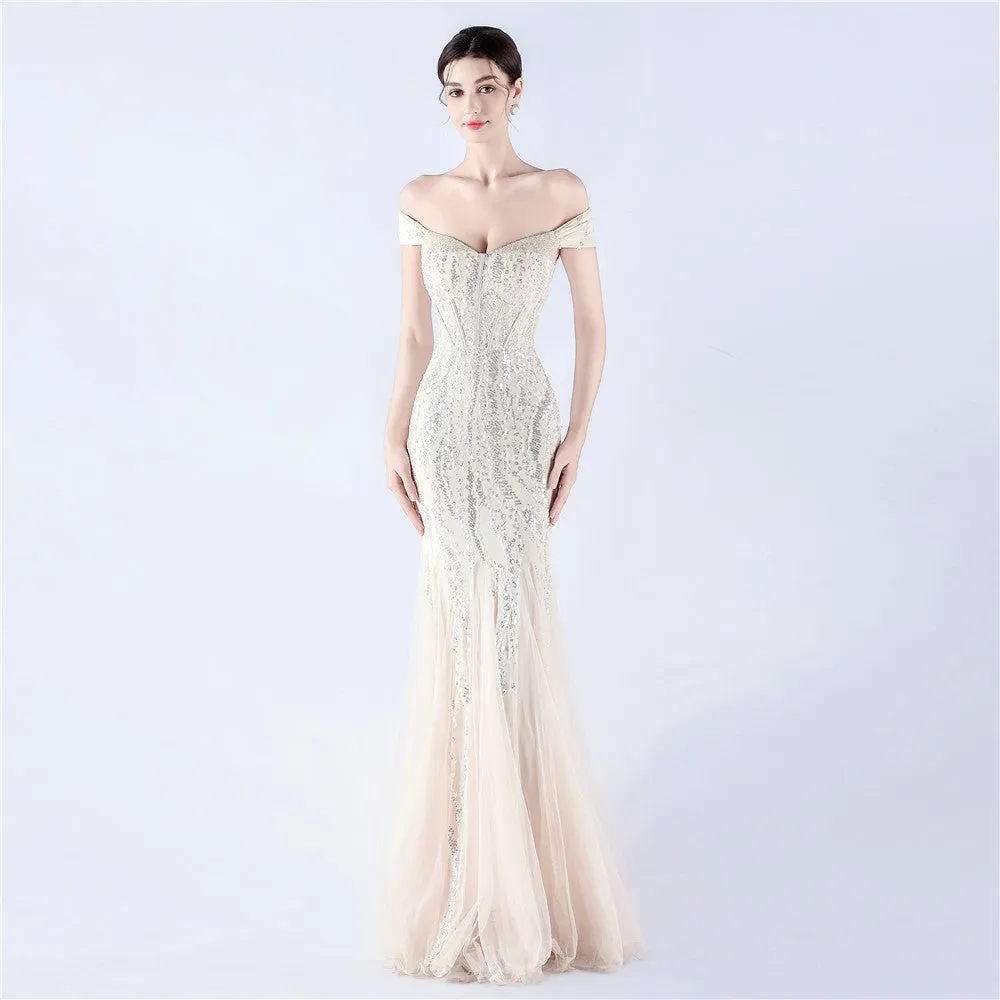Elegant Off Shoulder Beaded Mesh Sequin Evening Dress