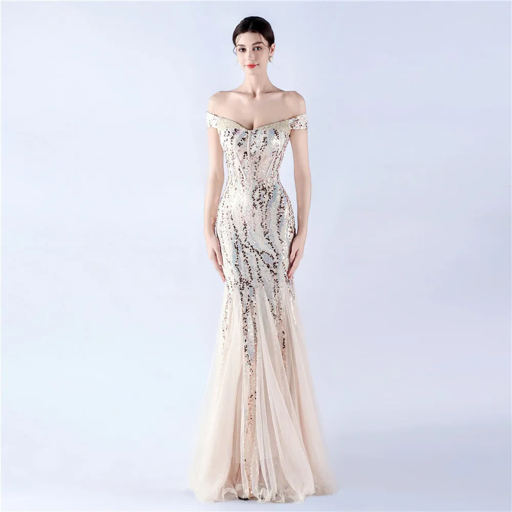 Elegant Off Shoulder Beaded Mesh Sequin Evening Dress