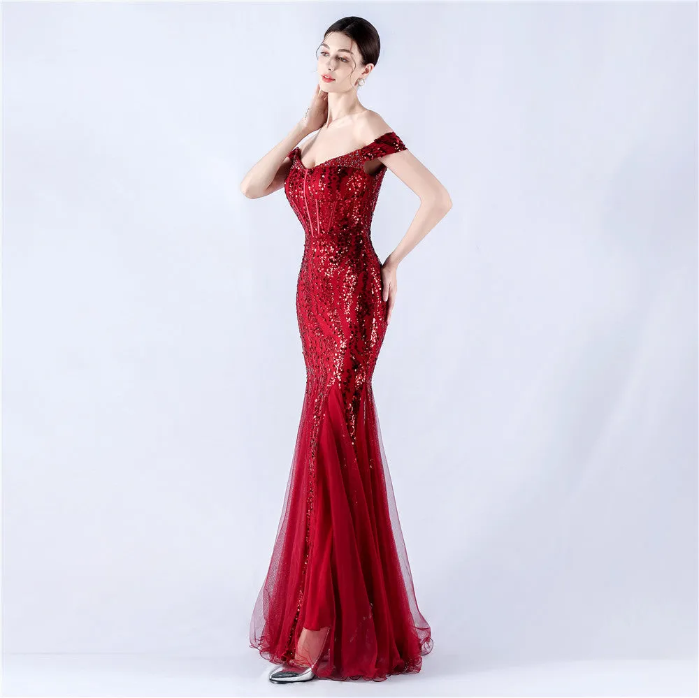 Elegant Off Shoulder Beaded Mesh Sequin Evening Dress