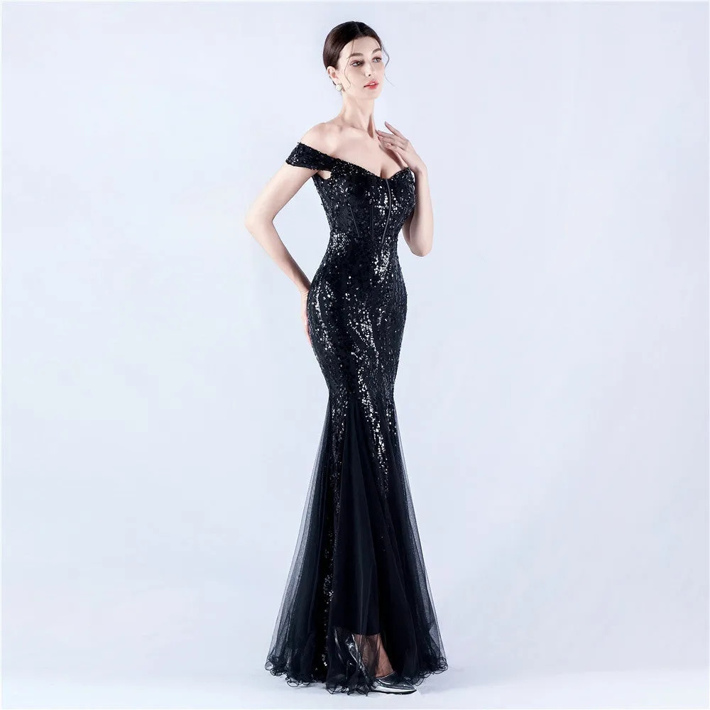 Elegant Off Shoulder Beaded Mesh Sequin Evening Dress