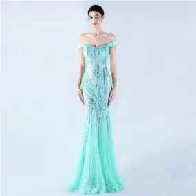 Elegant Off Shoulder Beaded Mesh Sequin Evening Dress