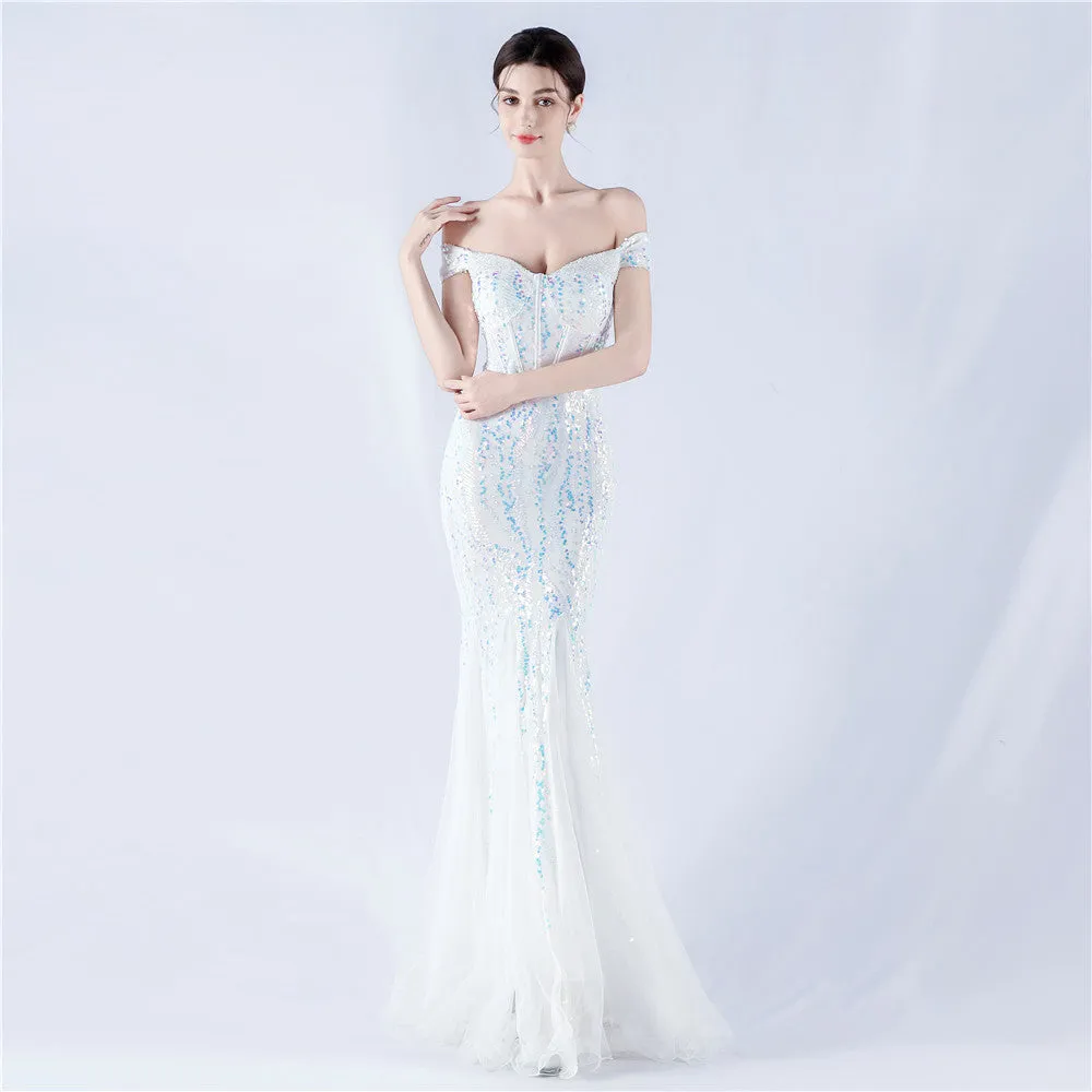Elegant Off Shoulder Beaded Mesh Sequin Evening Dress