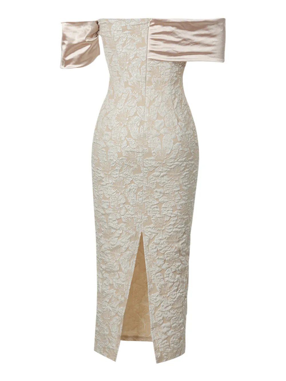 Elegant Off Shoulder Jacquard Fabric Back Slit Evening Dress