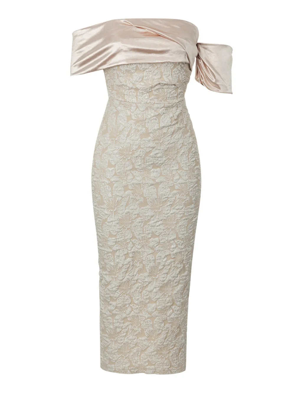 Elegant Off Shoulder Jacquard Fabric Back Slit Evening Dress