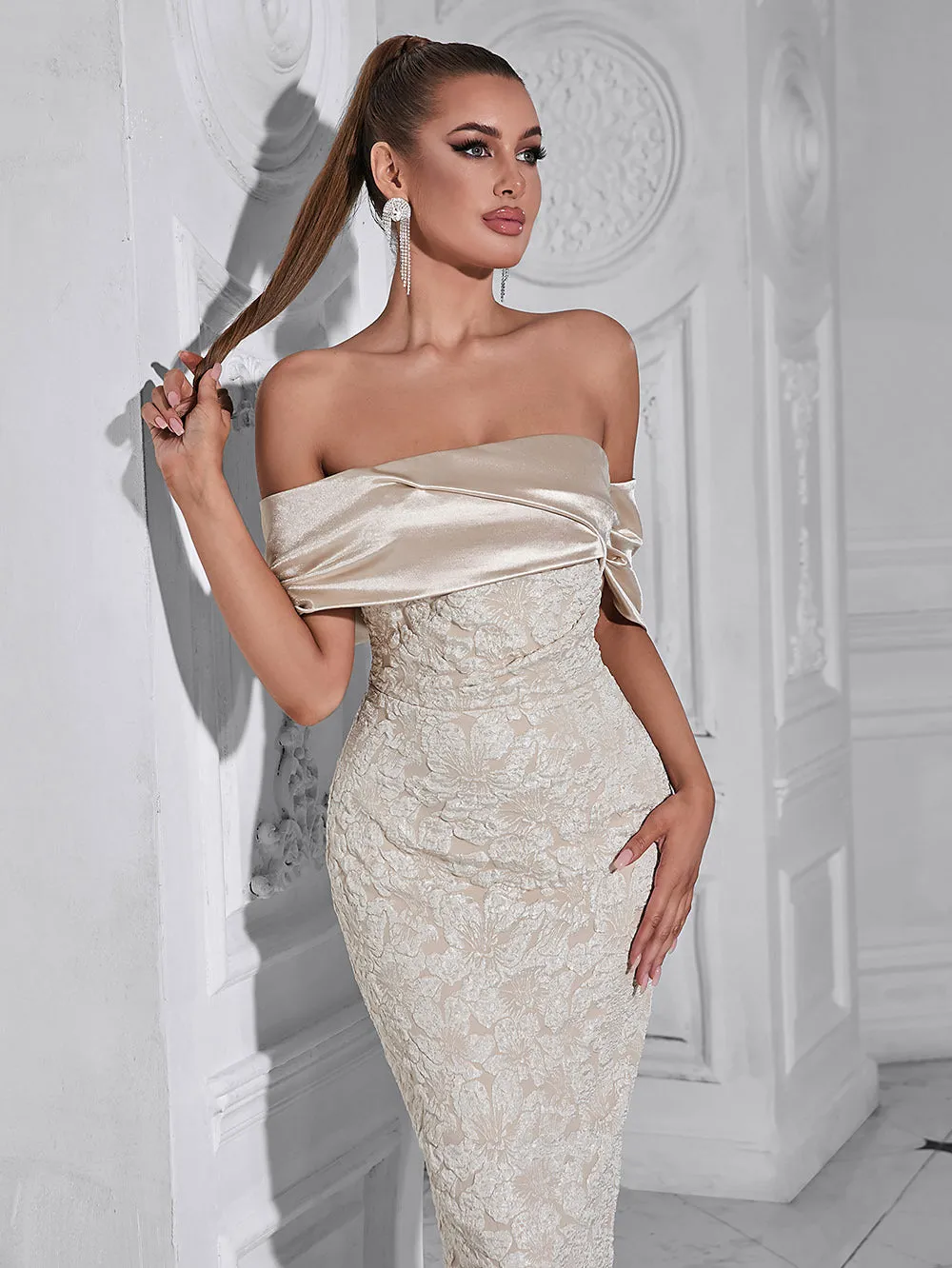 Elegant Off Shoulder Jacquard Fabric Back Slit Evening Dress