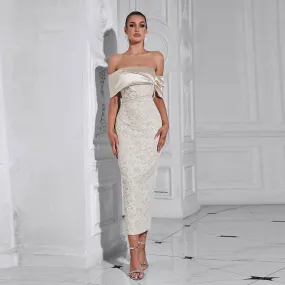 Elegant Off Shoulder Jacquard Fabric Back Slit Evening Dress