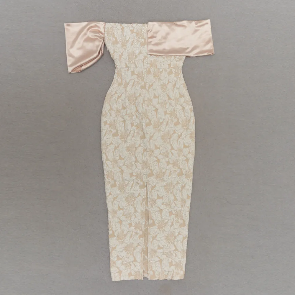 Elegant Off Shoulder Jacquard Fabric Back Slit Evening Dress
