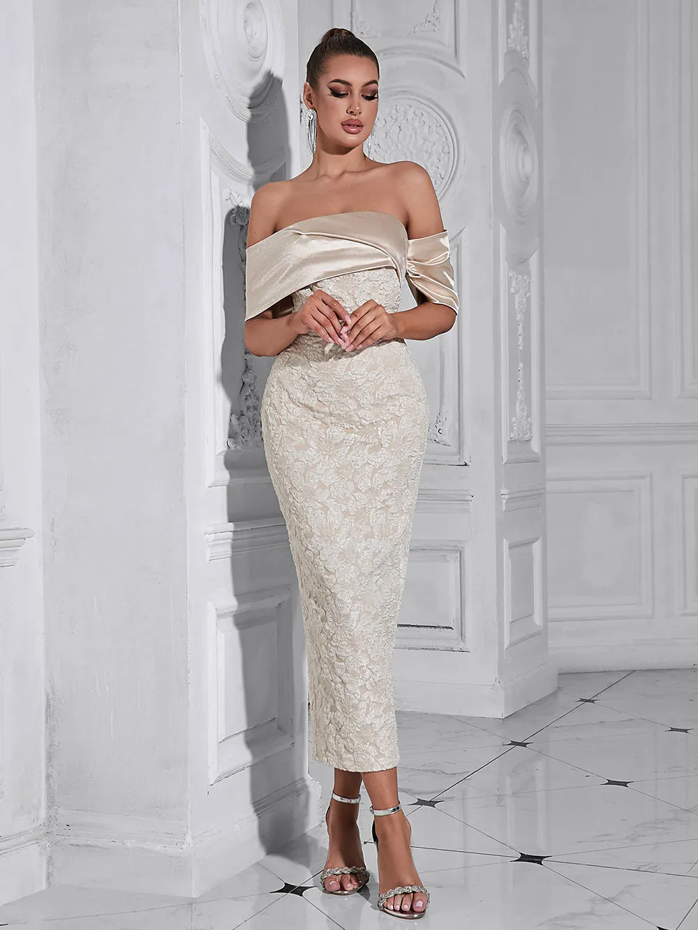 Elegant Off Shoulder Jacquard Fabric Back Slit Evening Dress