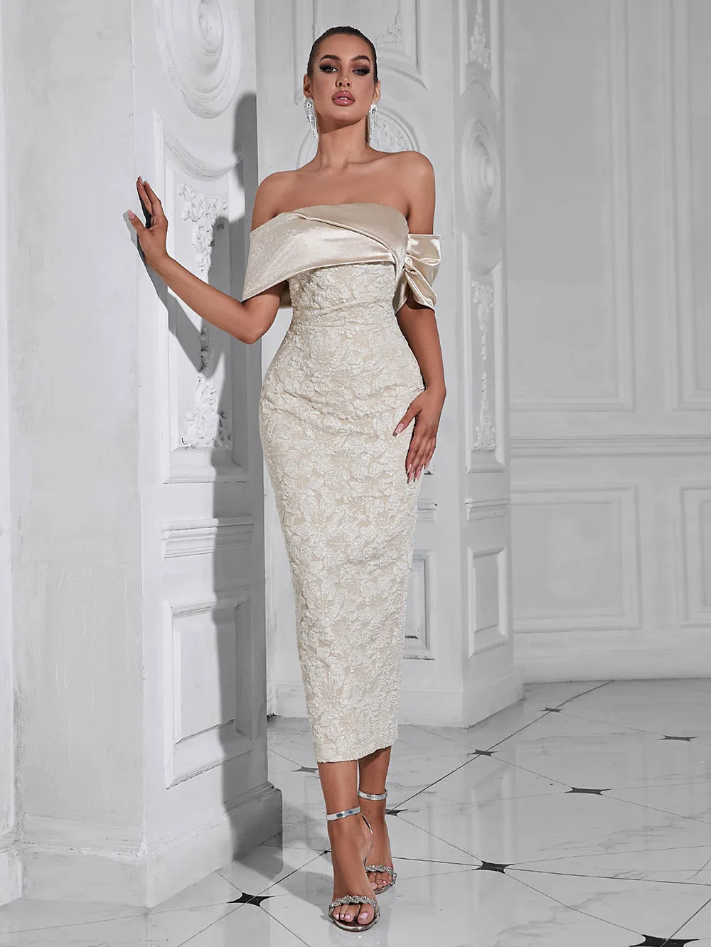 Elegant Off Shoulder Jacquard Fabric Back Slit Evening Dress