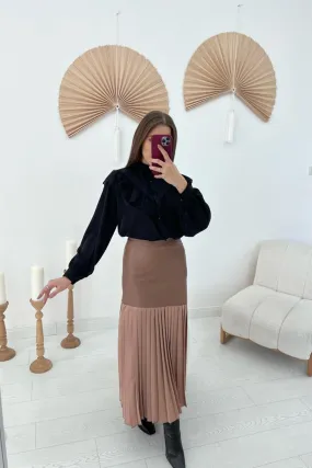 ELS High-Waisted Leather Trimmed Skirt - Mink - Newport
